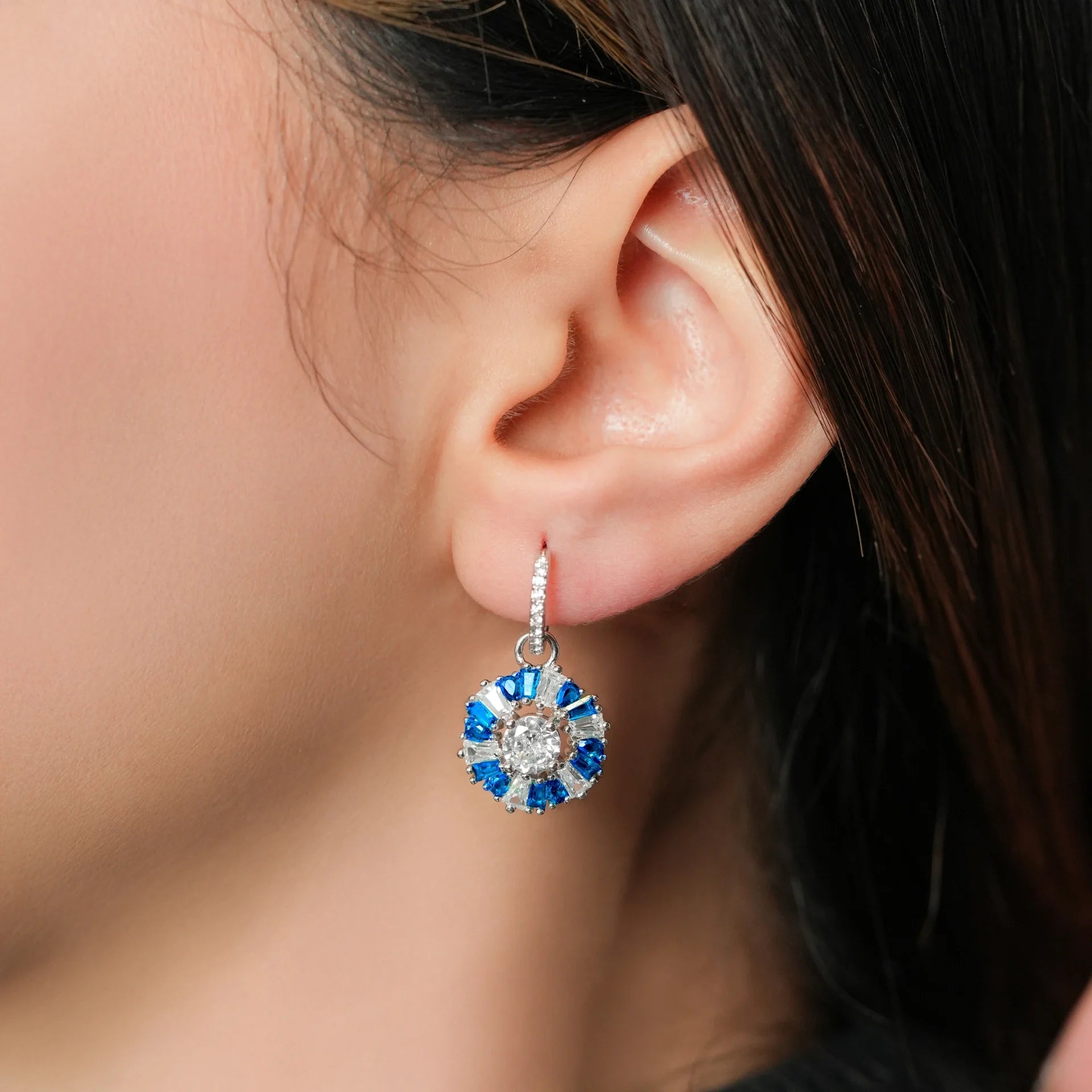 Sapphire Halo Radiant Drop Earrings